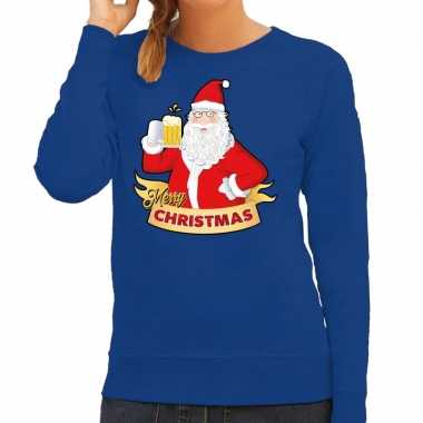 Foute kersttrui blauw kerstman een peul bier dames