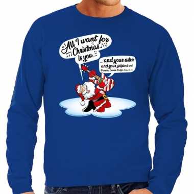 Foute kersttrui zingende kerstman gitaar blauw heren