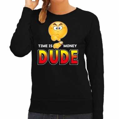 Funny emoticon sweater time is money dude zwart dames
