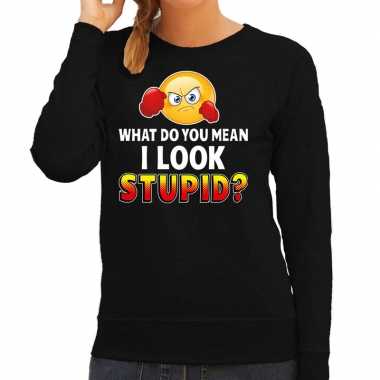 Funny emoticon sweater what do you mean look stupid zwart dames
