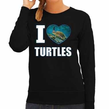 I love turtles sweater / trui dieren foto een schildpad zwart dames
