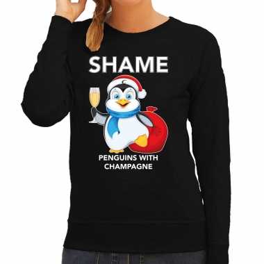 Pinguin kerstsweater / outfit shame penguins with champagne zwart dames