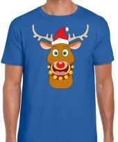 Foute kerst t-shirt rendier rudolf rode kerstmuts blauw heren